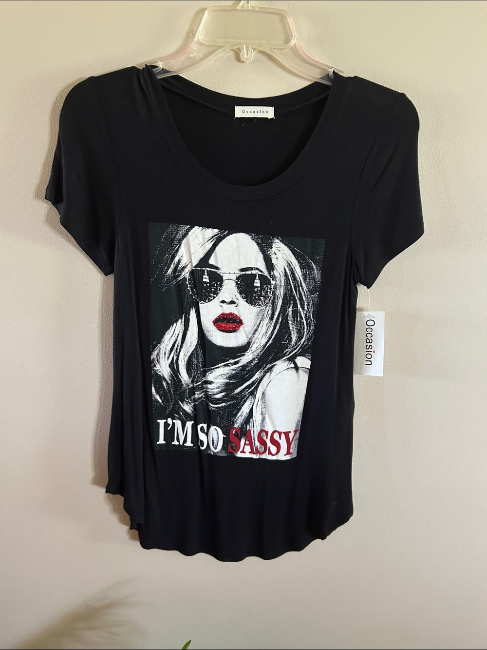 Occasion Black Graphic Tee with Red Lip Accent